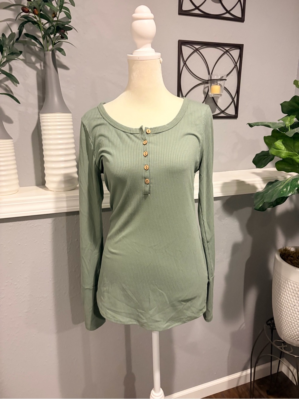 Pulse Sage Green Ribbed Henley Long Sleeve Top